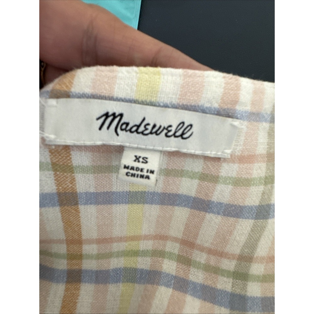 Madewell Women XS Clara Midi Dress Pockets Linen Bld Pastel Plaid Cap Sleeve - Picture 12 of 16